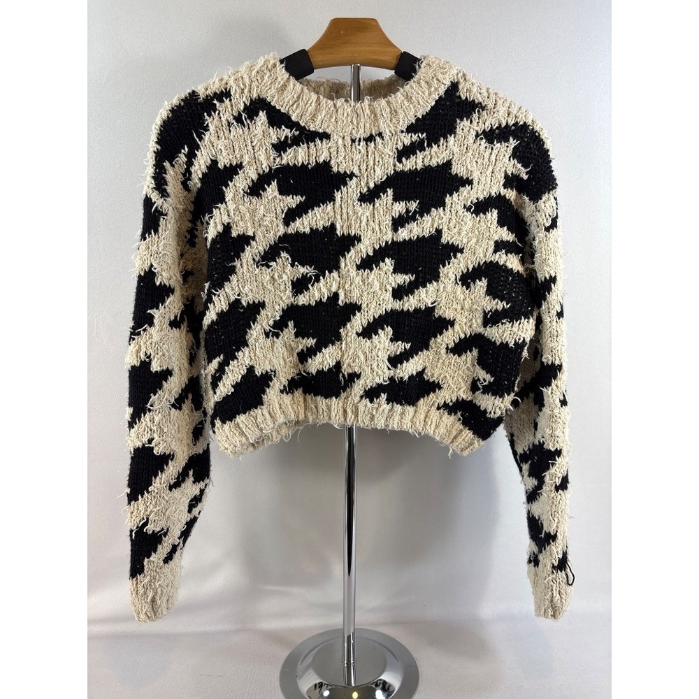 Storia Houndstooth Crop Sweater Black Ivory Size S Chunky Knit Pullover
